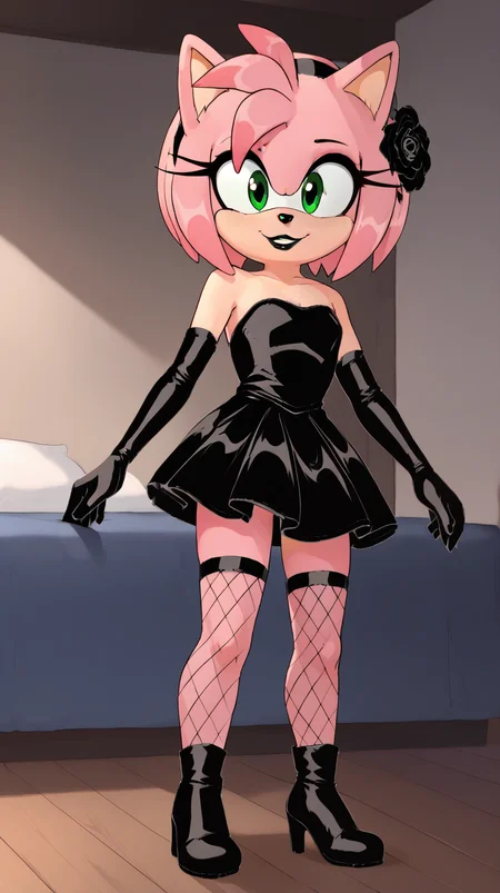 indoors,bedroom
headshot,smile,parted lips,happy
black t-shirt
<lora:Princess_Peach_Shiny_Style_V2:0.6>,<lora:AmyBlackRose_v03_PDXL:1>,AmyBlackRose,1girl,solo,furry female,short hair,pink hair,hairband,bangs,hair ornament,hair flower,black hairband,sidelocks,green eyes,makeup,long eyelashes,black lipstick,animal nose,animal ears,body fur,pink fur,fishnet thighhighs,black gloves,elbow gloves,black dress,strapless dress,full body,âââ