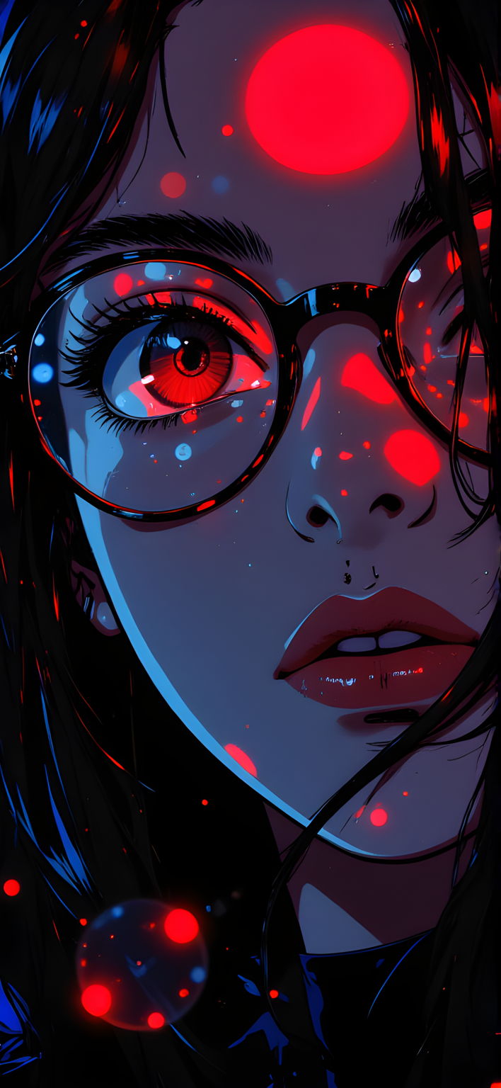 The portrait is a striking close-up, where the subject's face is illuminated by a vivid interplay of red and blue light. Her glasses frame her eyes, which are partially closed, their long lashes resting gently against her skin. The lenses reflect the surrounding hues, creating a mesmerizing blend of colors that dance across her features. Her expression is serene yet enigmatic, as though she is lost in thought or perhaps observing something unseen.
Her hair falls loosely around her shoulders, its dark tones contrasting sharply with the bright illumination. The lighting casts dramatic shadows, accentuating the contours of her face and adding depth to the scene. The overall atmosphere is one of quiet intensity, where the bold colors and reflective surfaces create a sense of mystery and intrigue. It is a moment frozen in time, capturing both vulnerability and strength in equal measure.
j_art, j_anime, <lora:FLUX\jul\J_Anime:0.7>, <lora:FLUX\RealAnime:0.7>