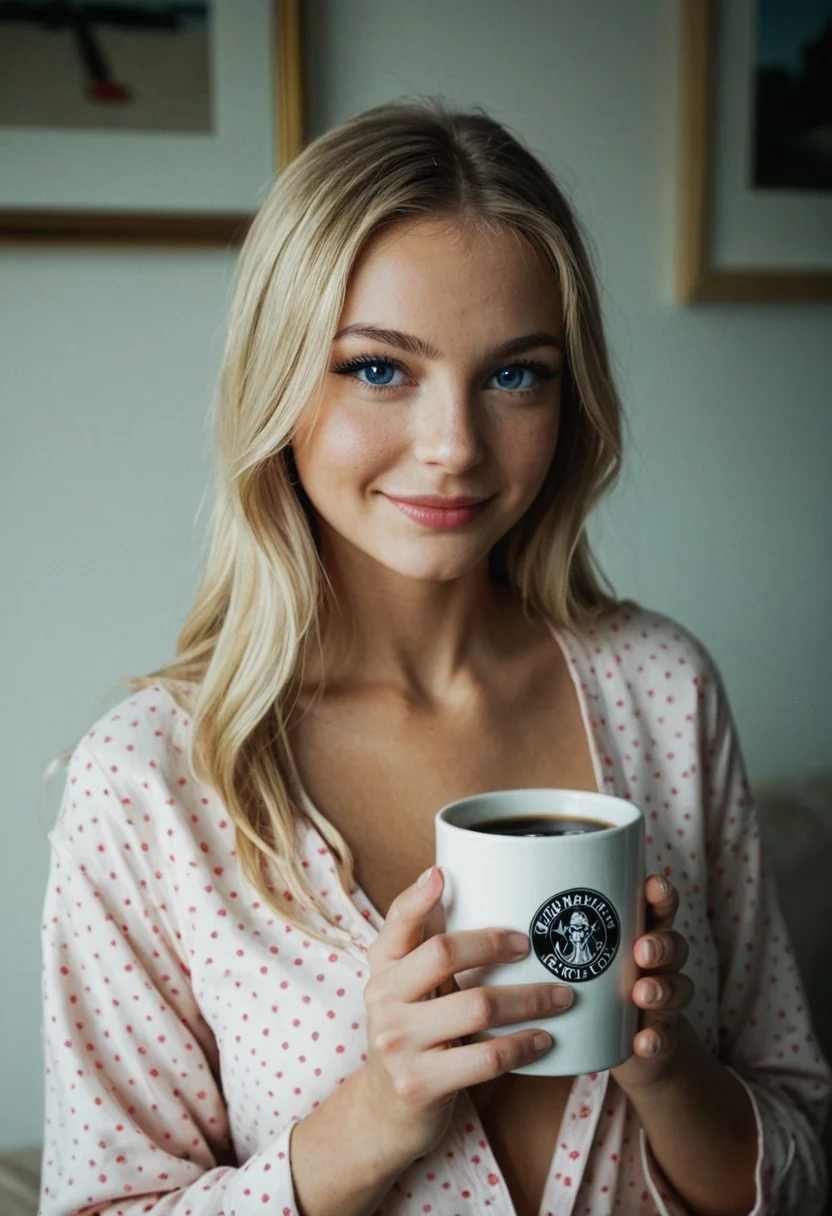 Rating_safe, pg-13, score_9, score_8_up, score_7_up, 1girl, gorgeous girl, stunning woman, pretty, (freckles:0.5), dimples , 21 years old, skin texture, blonde hair, long hair, blue eyes, (outside, apartment exterior, realistic background), detailed hands, ((seductive eyes, playful smirk))
BREAK
wearing pajamas, holding coffee mug, seductive body language, morning light, just woke up
BREAK
(Side view, from side:1.2), looking at viewer, (ambient occlusion), (4K image quality:1.3), (sharp detail:1.3), (highly realistic:1.3)
<lora:amateur_egirl_v1.9:1.5>
<lora:ILXL_Realism_Slider_V.1:2>
<lora:RealSkin_xxXL_v1:1.5>
<lora:RawCam_250_v1:3>