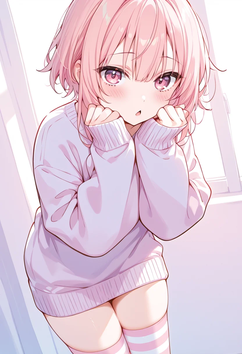 solo-femboy-IL0.1, sleeves past wrists, hands up, pleading eyes, chestnut mouth, sidelocks, pink hair, pink eyes, sweater, indoors, legs together, striped thighhighs, pastel colors, white background, leaning forward