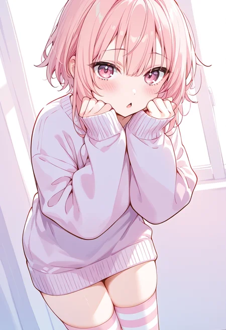 solo-femboy-IL0.1, sleeves past wrists, hands up, pleading eyes, chestnut mouth, sidelocks, pink hair, pink eyes, sweater, indoors, legs together, striped thighhighs, pastel colors, white background, leaning forward