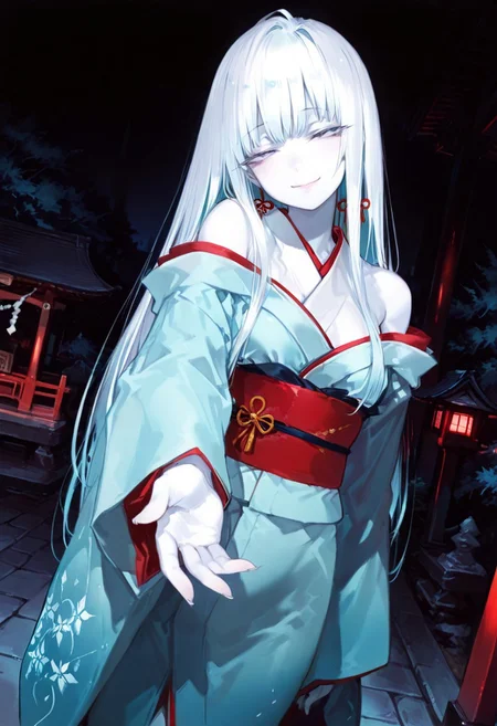 masterpiece, best quality, good quality, newest, highres, absurdres, volumetric lighting,gradient color,
BREAK
raytracing, volumetric lighting, ambient occlusion, girl, luminescent background, masterpiece, best quality, very awa, absurdres,
BREAK
Yukinoshita Yukino, Yuki-onna, colored skin, (white skin:1.3), solo, long hair, white hair, luscious lips, model style,
evil eyes, evil, bullying, sinister,
BREAK
masterpiece,amazing quality,best quality,ultra-detailed,8K,illustration,CG,shiny hair,clear skin,ultra-detailed-eyes,simple background,cute girl, eyelashes
BREAK,
long kimono, light blue Kimono, off the shoulders kimono, outdoors, shrine, night, moonlight, dutch angle, dark theme, high contrast, reaching towards viewer, foreshortening, smile, half-closed eyes, head tilt, sash,