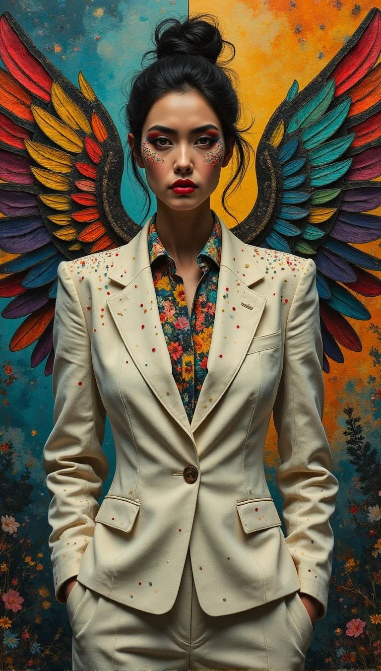 <lora:flux-collagestyle.safetensors:1> darkfantasycollagestyle
In a meticulously crafted painting, a woman stands with an air of unwavering authority, her presence a blend of surrealism and natural realism. Her fair skin is smooth and unblemished, a canvas for the vibrant, intricate designs that adorn her cheekbones. Bold red lipstick and deep, dark eyeshadow accentuate her serious expression, while her hair, tied up in a messy bun, adds a touch of casual elegance.
She is dressed in a tailored white suit with broad shoulders, the jacket buttoned at the waist with a single, gleaming button. The suit is covered in countless polka dots, each one a burst of color that contrasts with the stark white material. Beneath the jacket, a colorful, patterned blouse peeks out, adding a playful note to her otherwise powerful stance.
Her back is adorned with large, detailed wings, each feather a kaleidoscope of rainbow hues. The wings are a fantastical element, seamlessly blending with the organic and human, as if they are an extension of her being. The textures of the feathers are intricate, with fine serrations and natural irregularities that contrast with the smooth, lifelike features of her face and suit.
The background is a surreal, dichromatic blend of cool-toned blues and purples on one side, transitioning to warm-toned oranges and yellows on the other. Chiaroscuro-inspired lighting illuminates her from a warm, directional source, casting deep shadows and highlighting the intricate details of her makeup and outfit. The scene is suffused with a mystical and harmonious tone, evoking the interconnectedness of humanity and nature. Despite the serious expression, there is a balance between serenity and intensity, a dramatic contrast that maintains an ethereal quality.