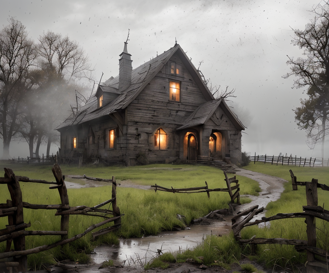 RAW photo, (masterpiece:1.3), subsurface scattering, heavy shadow, (high quality:1.4), (intricate, high detail:1.2), professional photography, HDR, High Dynamic Range, realistic, ultra realistic, photorealistic, high resolution, film photography, ambient lighting, atmospheric effects, <lora:detail_slider_v4:2>, OverallDetail, sinister and dark fantasy farmhouse, fields, fence, RAIN, fog, fantfa, <lora:FantasyFarm:1>