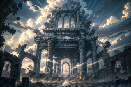 <lora:FantasyRuins:0.8> FanRu, sinister fantasy world, ruins, overgrown, <lora:Sacred_beast:0.8> bj_sacred_beast, sky, cloud, cinematic lighting, best quality, masterpiece, <lora:more_details:0.65>