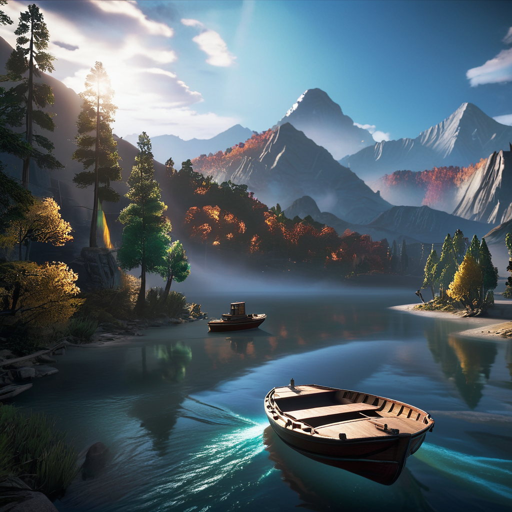 masterpiece,8k,absurd resolution, <lora:farcry_xl:0.81>,
farcry,, scenery, watercraft, no humans, cloud, boat, outdoors, water, tree, nature, river, mountain, landscape, sky, forest
,reflection, cg rendering, volumetric light,  bioluminescence, unreal engine 5, magic of light,dinamic light,realistic shadows