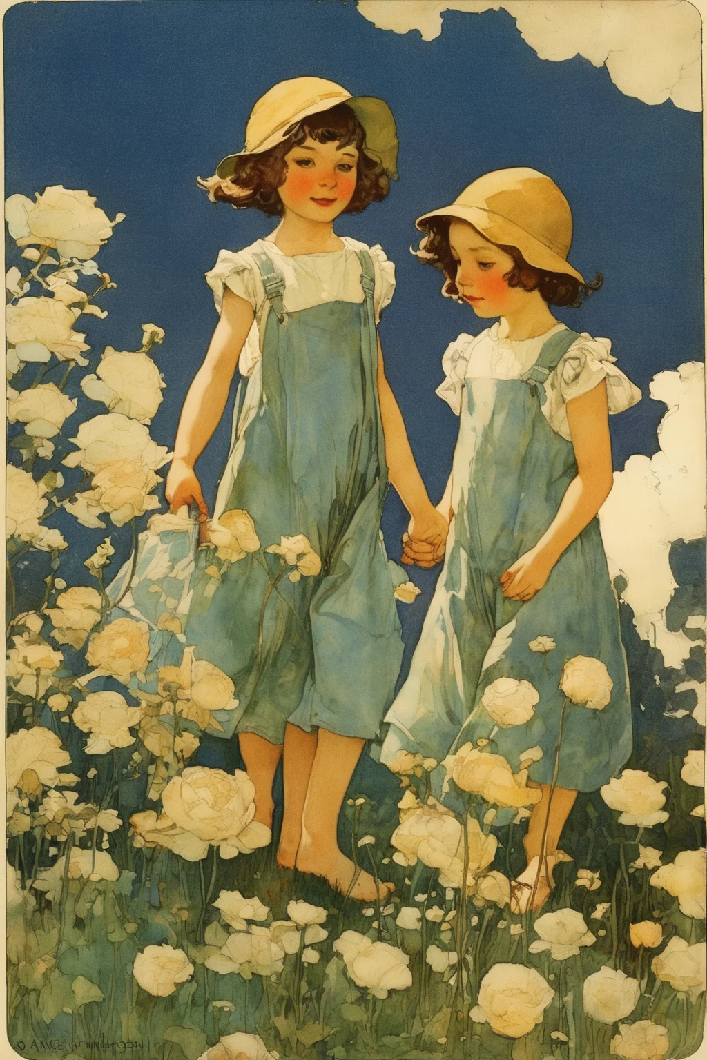 Jessie Willcox Smith Style - Novel cover, THERE was once a child, and he strolled about a good deal, and thought of a number of things. He had a sister, who was a child too, and his constant companion. These two used to wonder all day long. They wondered at the beauty of the flowers; they wondered at the height and blueness of the sky; they wondered at the depth of the bright water.
