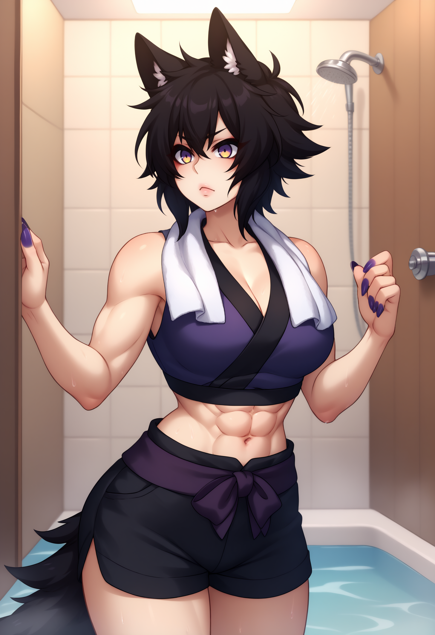 score_9, score_8_up, score_7_up, detailed, BREAK 1girl, solo, mnori, wolf girl, wolf tail, animal ears, multicolored eyes, black hair, short hair, large breasts, nail polish, <lora:MnoriYamatoPDXL_V1-Manityro-CAME:1.0>,
multicolored crop top, japanese clothes, collarbone, sleeveless, midriff, black shorts
looking at viewer, toned, abs, navel, towel around neck,
indoors, bathroom, shower room, pool,