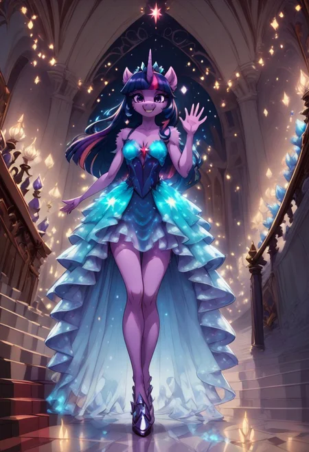 score_9, score_8_up, score_7_up, anthro,
(((Princess Twilight Sparkle))), alicorn, (spread wings), horn, regalia,
facing viewer, front view, female focus, view from chesthight,
g5, pony, female, mare, tail, dock, solo, 1girl, highly detailed, beautiful, detailed eyes, detailed fur, beautiful eyes, (tall), ((perfect body proportions), (beautiful long legs),
small breasts, show accurate skin colour,
long hair, fluffy hair, biggest hair,
(((walking ((down)) a grand staircase))), (((waving to viewer))), ((happy, excited, smiling at viewer invitingly)),
(((wearing a beautiful, eyecoloured, bioluminescent, shoulderfree ballgown))), glowing ballgown,
BREAK,
highly detailed background, (((nighttime))), night
inside Canterlot castle, ballroom, ((grand staircase)), mirror marble floor, (((dimmed lights in the room))),