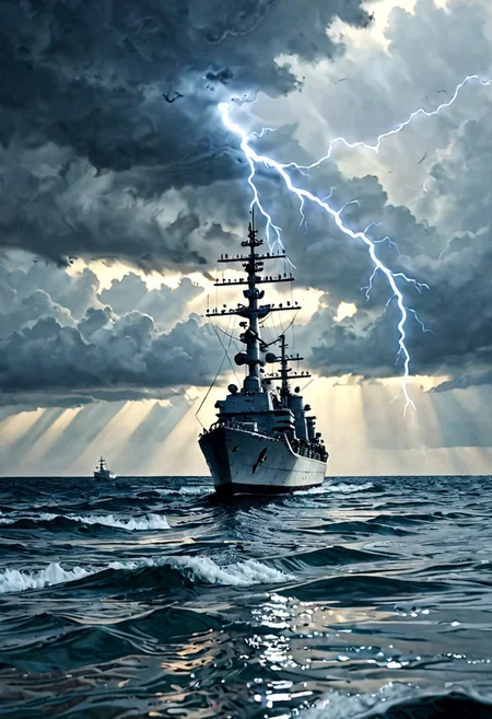 a fleet of super dreadnought battleships at anchor on a deserted fjord, vertically mirrored imagery,Reflections, perfect symmetry in the style of kaitlynn peavler and dreamscape, high quality, highly detailed, high coherence, intricate, elegant, sharp focus, octane render, trending on artstation, calm water, the calm before the storm,  storm in background, lightning bolts