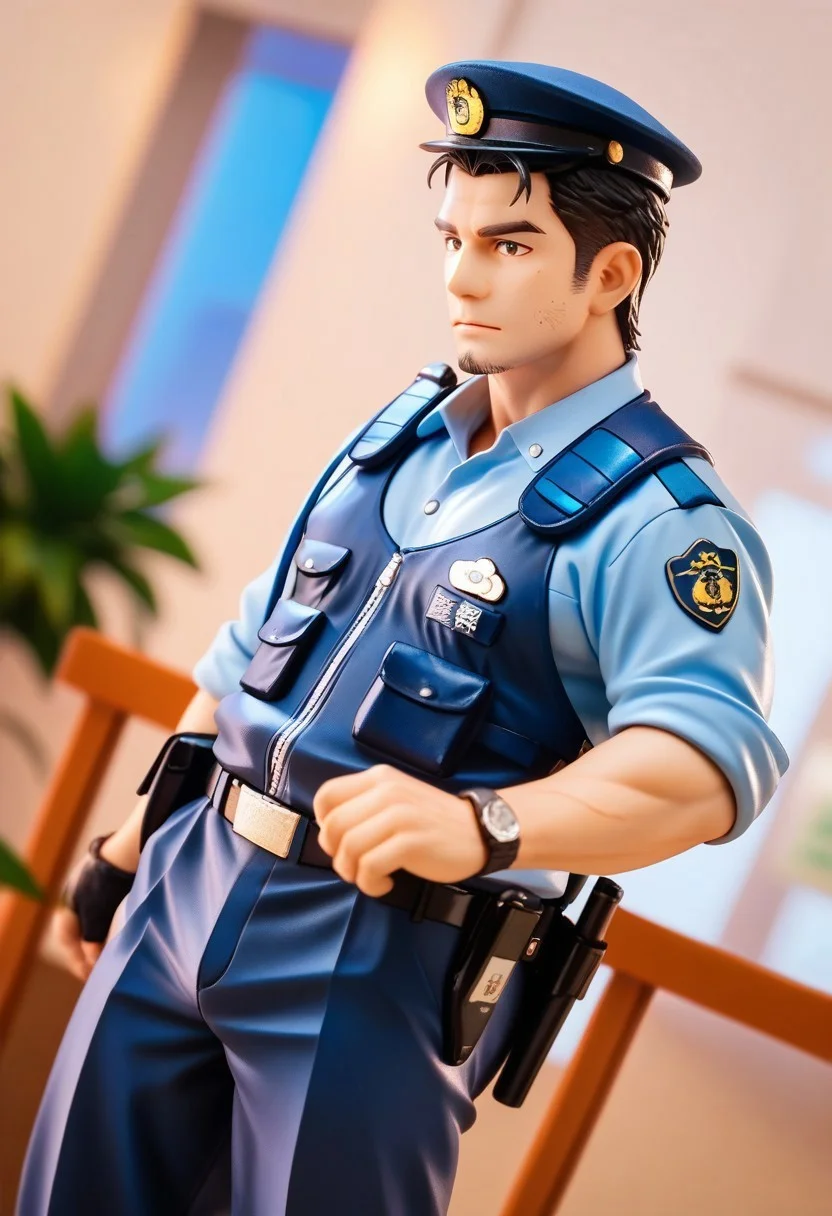 score_9, score_8_up, score_7_up, score_6_up, solo male, adult, mature, masculine, manly, handsome, charming, alluring, standing, upper body, dutch angle, cowboy shot, asian man, black hair, short hair, (facial hair, stubble), clothing focus, HannekenJpPcSm, male Japanese Summer Police Uniform, (light-blue collared shirt, rank slides), dark blue pants, Japanese police emblem, (Japanese police soft kepi cap), hip holster, Walkie-Talkie, black shoes, perfect anatomy, perfect proportions, best quality, masterpiece, high_resolution, high quality, best quality, best aesthetic, absurdres, male focus