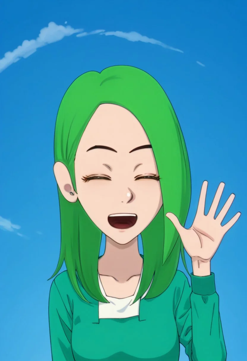 score_9, score_8_up, score_7_up, score_6_up, score_5_up, score_4_up, best quality, ultra detailed, source_anime, intricate details, perfect anatomy, tbmidoriko, green hair, medium hair, hair over one eye, hair behind ear, 1girl, green hair, solo, closed eyes, smile, open mouth, long hair, waving, collarbone, :d, breasts, ^ ^, add_detail:1, add_detail:0, add_detail:0.5, blue sky