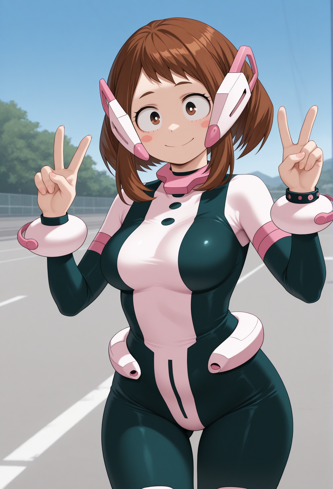 masterpiece, best quality, amazing quality, 1girl, solo, <lora:Illuraraka:1> illuraraka, brown hair, short hair, blush stickers, brown eyes, headgear, bodysuit, smile, double v, cowboy shot, bracelet, outdoors,