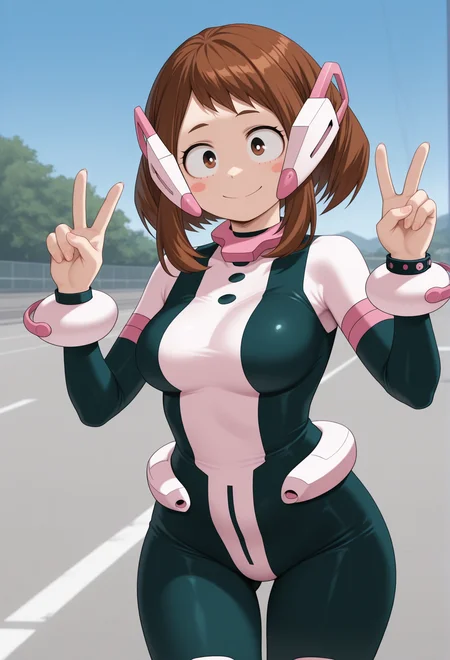 masterpiece, best quality, amazing quality, 1girl, solo, <lora:Illuraraka:1> illuraraka, brown hair, short hair, blush stickers, brown eyes, headgear, bodysuit, smile, double v, cowboy shot, bracelet, outdoors,