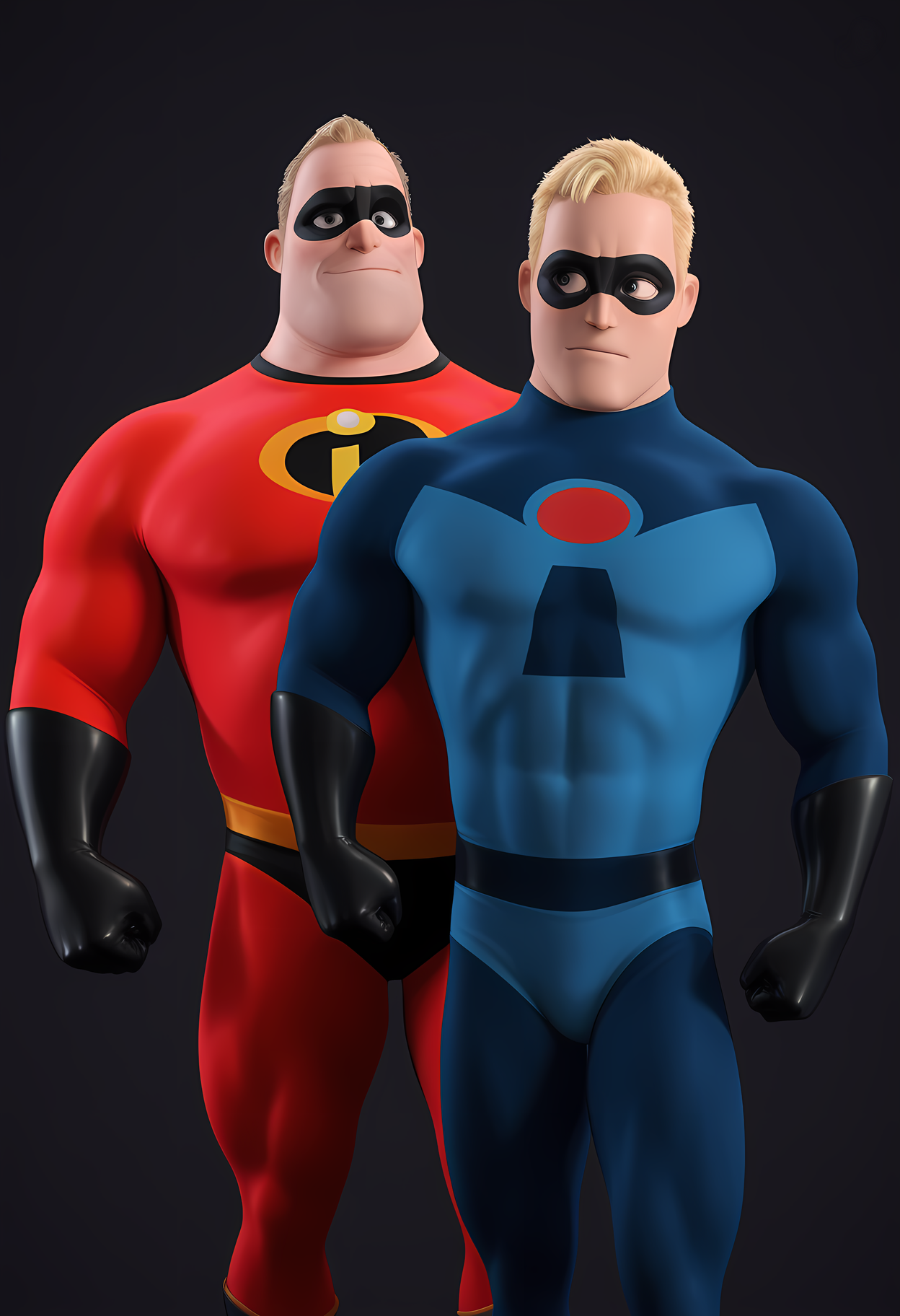 masterpiece, best quality, amazing quality, dutch angle, 2boys, side by side, abstract background, <lora:cfg_scale_boost:.6>  <lora:Robert_Bob_Parr_-_The_Incredibles_-_ILXL_2_Outfits:1> ADDBASE
mature male, bobparr, blonde hair, short hair, domino mask, black eyes, red hero costume, slightly chubby, muscle gut, ADDCOL
male, bobglory, blonde hair, short hair, domino mask, black eyes, blue hero costume, muscular male, abs