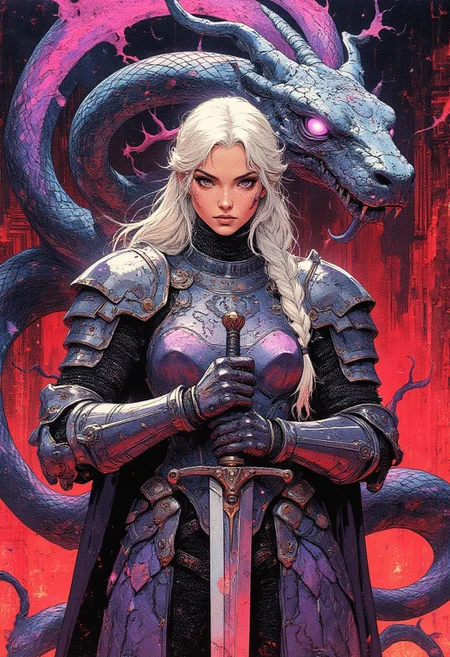 Digital illustration in a stylized, semi-realistic art style featuring a knight and a large snake, enhanced with abstract optical illusions in layered collages. The knight, a woman with a fierce, determined expression, is clad in full armor with intricate, flowing patterns in shades of deep purple, crimson, and silver. Her long, white hair is tightly braided and falls over her shoulder. She grips a sleek, silver sword with both hands, positioned firmly in front of her chest. Her armor, adorned with sharp, angular geometric designs, radiates a sense of resilience and protection.
Behind her, a massive serpent with a sinister gaze coils through the background, its glowing violet eyes locked onto the knight. Its body shimmers in a blend of deep blue, magenta, and silver accents, with an extended forked tongue adding a sense of menace. The background consists of fragmented abstract collages in swirling, optical illusion patterns, blending deep reds, purples, and iridescent silvers to distort perception and create a hypnotic effect. The snake’s scales have a glass-like reflective sheen, sharply contrasting with the rugged metallic armor of the knight.
The composition is dynamic, with the knight and serpent locked in an almost mythic confrontation. The abstract illusions weave through the scene, blending reality and distortion, enhancing the sense of power, mystery, and danger.