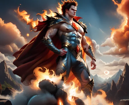 <lora:element_blend:0.8>,detail,score_9, score_8_up, score_7_up, score_6_up, score_5_up, score_4_up,
elementalfusion, , 1boy, male focus, solo, cape, armor, fire, cloud, mountain, red cape, sky