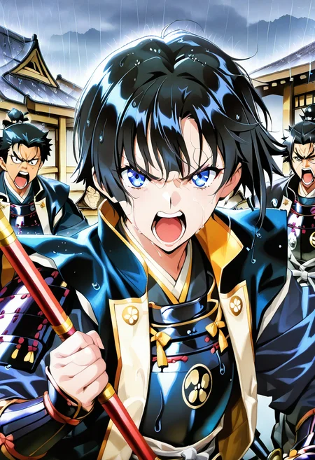 masterpiece, best quality, absurdres, detailed skin, anime colored, anime screencap,
<lora:SaitoE:1>, SaitoE, black hair, looking at viewer, angry, mouth open, shouting,
<lora:jinbaori:1> , jinbaori, armor, holding polearm,
heavy rain, japanese village,