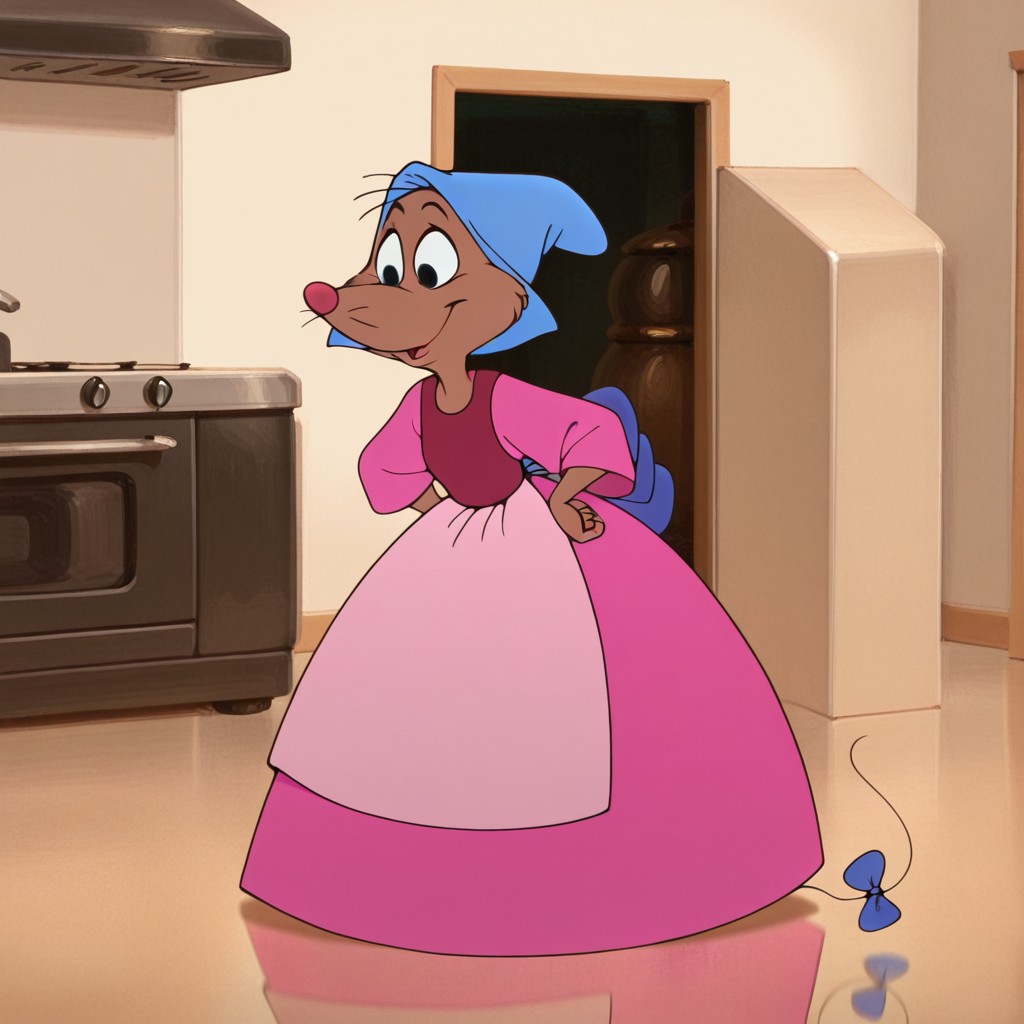 masterpiece, best quality, amazing quality, Marymouseil, semi-anthro, female, mouse_girl, brown fur, black eyes, whiskers, pink dress, blue hat, pink apron, blue tailbow,  standing, inside, hand on hips, kitchen, <lora:342e14b4-c438-4ced-b81f-dddac940016d:1.0>