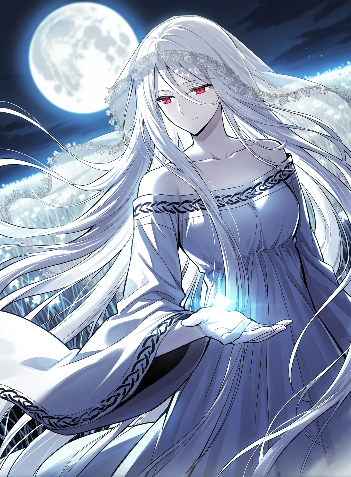 <lora:Yuridika__Doom_Breaker__Illustrious:1>
1 girl, red eyes, pale skin, hair between eyes, white hair, very long hair, bangs
white dress, veil, collarbone, wide sleeves, long sleeves, bare shoulders,
score_9, score_8_up, score_7_up, very aesthetic, source_anime, detailed, high quality, beautiful, masterpiece, detailed eyes, field, blurry background, pose dynamic angle, upper body, cowboy shot, light smile, looking back, reaching out, floating hair, night, silver moon
