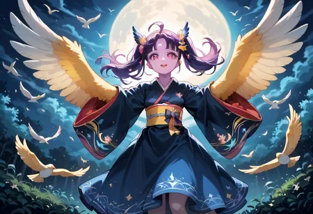 best resolution,score_9,score_8_up,score_7_up,score_6_up,score_8,score_7,score_6,best quality,masterpiece,source_anime,1girl,solo,kawaii,cute,winged_arms,A majestic harpy with dark feathers and glowing red eyes,wearing black japanese kimono,flying soaring through a stormy night sky.moonlight, starlight, firelight,wise,moonlit night sky,wind,cowboy shot,focus on face,dynamic shot, Expressiveh,eyesHD,high gradient eyes,detailed eyes,high definition eyes, <lora:Eyes_High_Definition:0.25> <lora:Expressive_H:0.75> <lora:winged_arm_style:0.85>