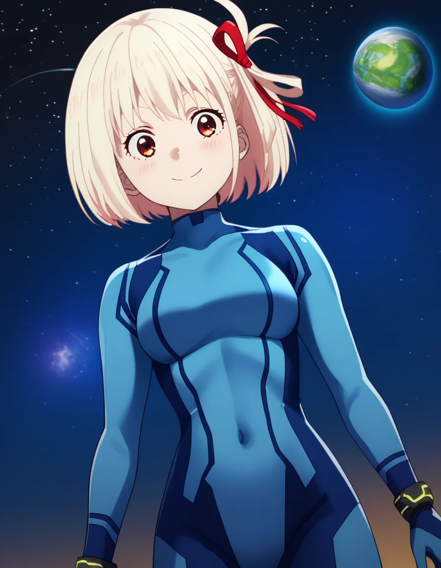 score_9, score_8_up, score_7_up, source_anime, chisatonishikigi, <lora:chisato-nishikigi-s1-ponyxl-lora-nochekaiser:1>, chisato nishikigi, short hair, bangs, blonde hair, red eyes, hair ribbon, one side up, bob cut,, <lora:samus-aran-cosplay-ponyxl-lora-nochekaiser:1>, samusarancosplay, samus aran \(cosplay\), blue bodysuit, bodysuit, covered navel, skin tight, zero suit,, space, planet, earth \(planet\), star \(sky\), galaxy, nebula, moon, blush, smile,, cowboy shot, dutch angle, solo,