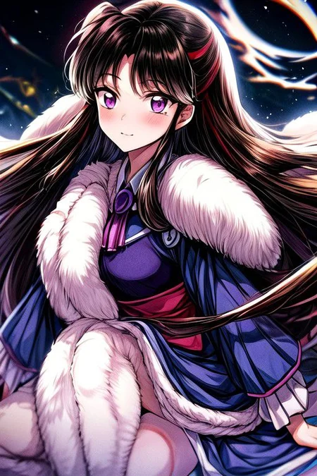 masterpiece,  best quality 1girl Setsun4 solo long hair,  (night time) forest background black hair very long hair purple eyes multicolored hair armor (fur trim) (medium body),<lora:EMS-179-EMS:0.800000>,<lora:EMS-293862-EMS:0.800000> bow, hair_bow, hair_tubes, red_bow, brown_hair, long_hair, bangs, sidelocks, ascot, brown_eyes, frilled_bow, yellow_ascot, blush, smile, hair_between_eyes, athletic