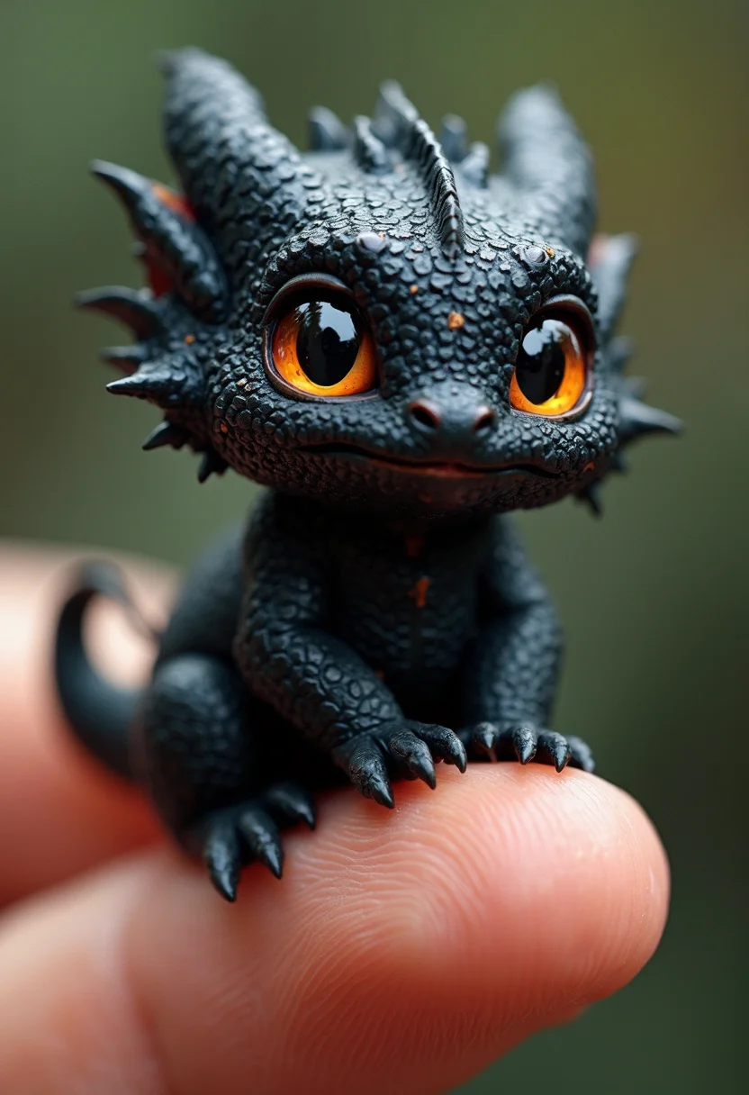 The tiniest and cutest fluffy creature The dragon sits on the tip of a finger, huge black ð, photorealism, beautiful, aesthetic, professional photo, realistic, high resolution, close-up, high detail
