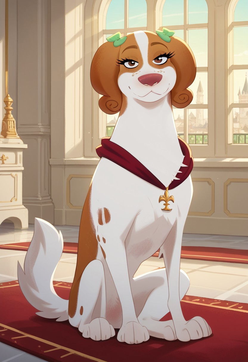 score_9, score_8_up, score_7_up, score_6_up, source_furry, source_cartoon, best quality, masterpiece, absurdres, 
1girl, solo, tanebl, feral, spaniel, female, dog, 
green bow, brown eyes, freckles, bedroom eyes, smile, closed mouth, full body, from side, half-closed eyes, looking at viewer,
sitting, red collar, pendant,
indoors, palace, sunlight, window, curtains, red carpet
