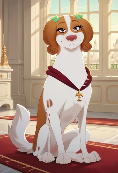 score_9, score_8_up, score_7_up, score_6_up, source_furry, source_cartoon, best quality, masterpiece, absurdres, 
1girl, solo, tanebl, feral, spaniel, female, dog, 
green bow, brown eyes, freckles, bedroom eyes, smile, closed mouth, full body, from side, half-closed eyes, looking at viewer,
sitting, red collar, pendant,
indoors, palace, sunlight, window, curtains, red carpet
