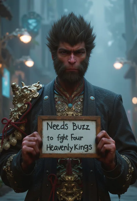 wukong full body and holding a sign that reads "Needs buzz to fight back Four Heavenly Kings", 4K resolution, Cyberpunk, Surreal Cyberpunk Art Style, Influenced by Deviantart and Ghost in the Shell anime