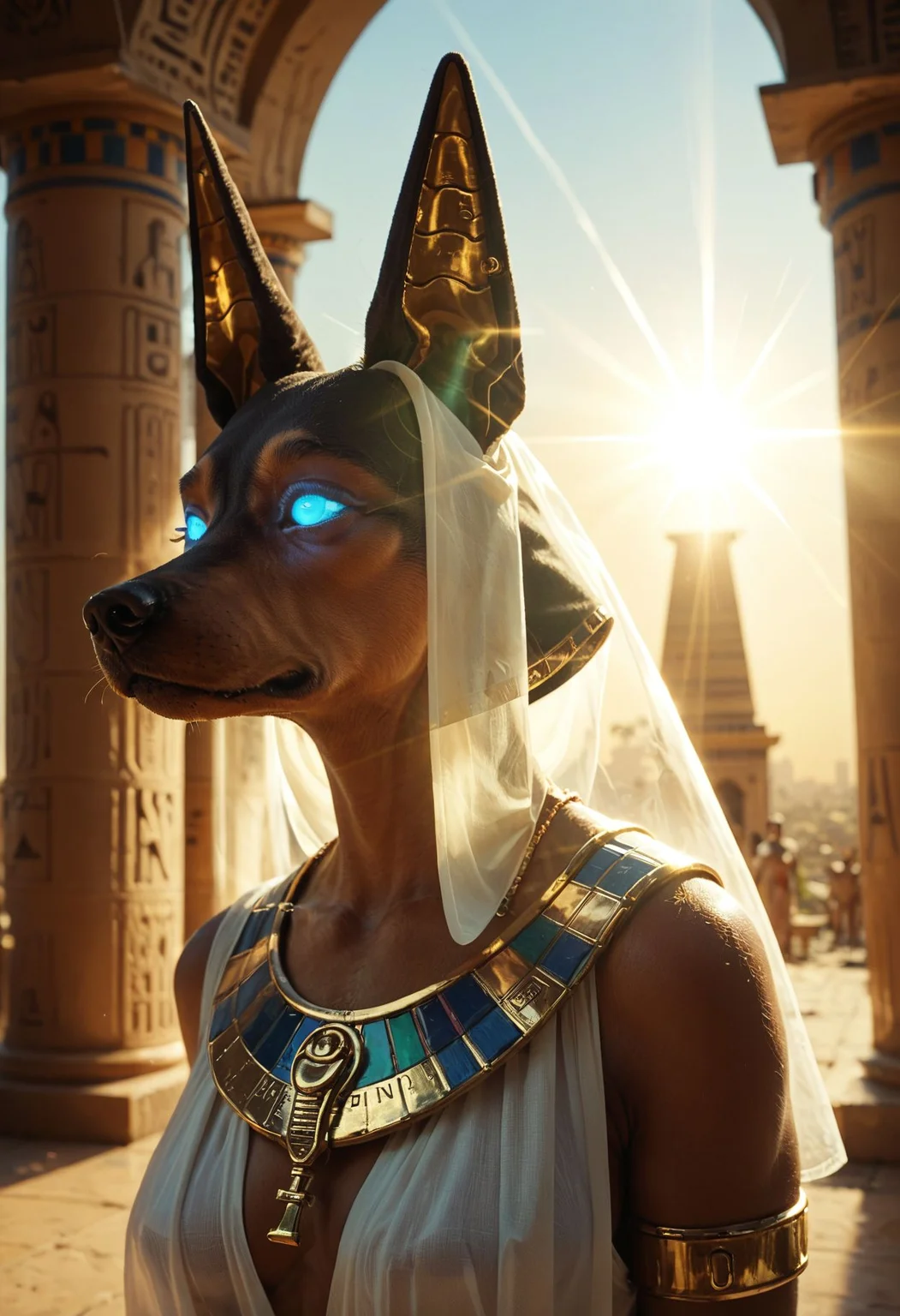 (anubis god:1.35), ancient Egypt, (dog head:1.4)
tron, heaven, ascendance, god rays, light, gold skin, sky, advntr, translucent, transparent, glowing, glowing eyes, female <lora:M05_Intensify:0.2>, .score_9, score_8_up, score_7_up,score_6_up,