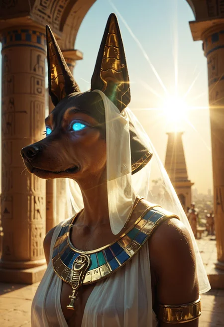 (anubis god:1.35), ancient Egypt, (dog head:1.4)
 tron, heaven, ascendance, god rays, light, gold skin, sky, advntr, translucent, transparent, glowing, glowing eyes, female <lora:M05_Intensify:0.2>, .score_9, score_8_up, score_7_up,score_6_up,