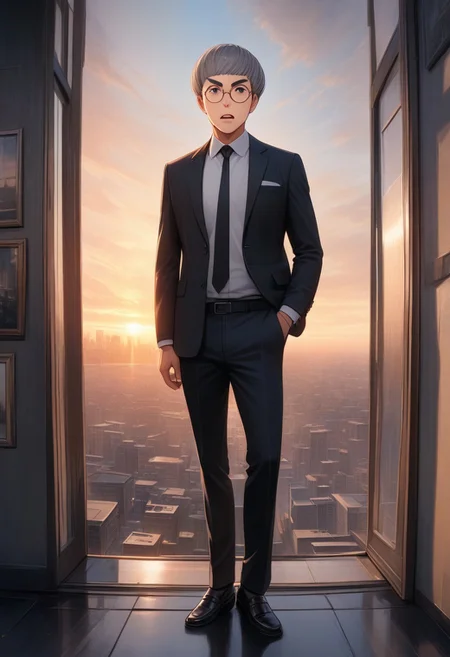 man with bristle, (graphic novel style, dark novel style:1.5),(anime), (masterpiece:1.4), (soft cinematic light:1.1), incredibly lifelike, Extremely high-resolution details, 8k, best quality,extremely detailed, contrast,
high tech design, fullbody, 
 gallery of contemporary art, inside, portrait old woman against the backdrop of a giant floor-to-ceiling window, through which one can see a city landscape with skyscrapers and a sunset , open mouth, 
man in a classic black suit 
white shirt and black tie keeps his hand on his jacket, black loafers, (((gray short bob hair))), [Nordic], round glasses, round black eyes, thin lips, sharp chin, diamond long face, gray sideburns, small ears, thick gray eyebrows, sunken cheeks, (bristle)),