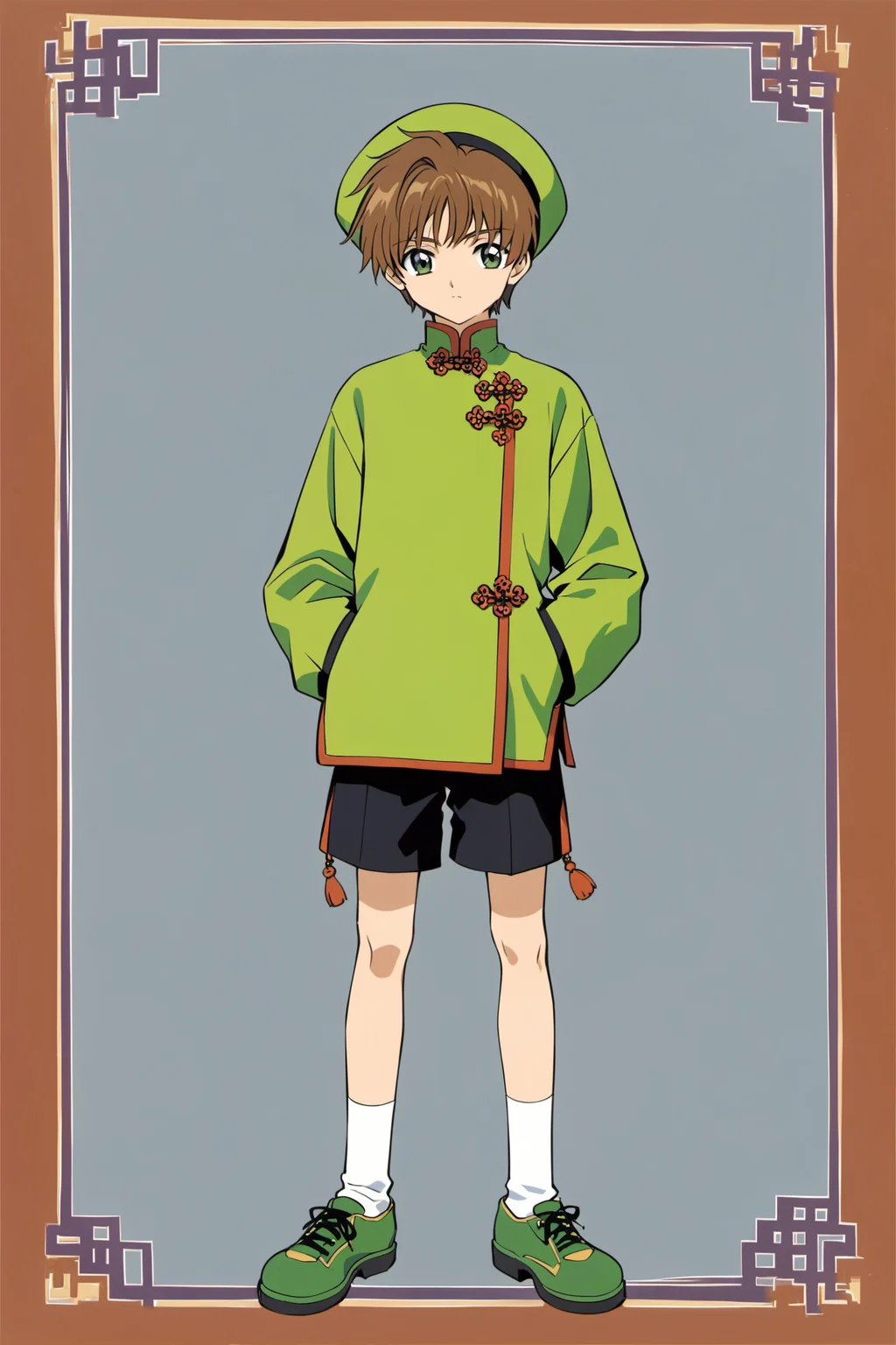 Li Syaoran, solo, green eyes, brown hair, shorts, male focus, hat, 1boy, full body, socks, white socks, black shorts, standing, chinese clothes, green headwear, long sleeves, hands in pockets, looking at viewer, green footwear, closed mouth, shoes, short hair, shirt, white shirt, bangs,<lora:Card Captor Sakura Anime_XL:0.8>