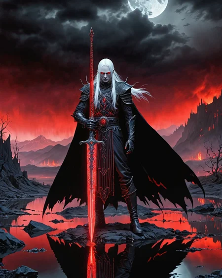 Elric, Stormbringer, albino, red eyes, water, reflections, transparency, paradoxical, vibrant intense color, neon, crimson glowing light from an evil black sword covered in in glowing runes, The Valley of the Lost, Kay Nielsen,  neon, realistic photo, <lora:add-detail-xl:1>, <lora:xl_more_art-full_v1:0.8>