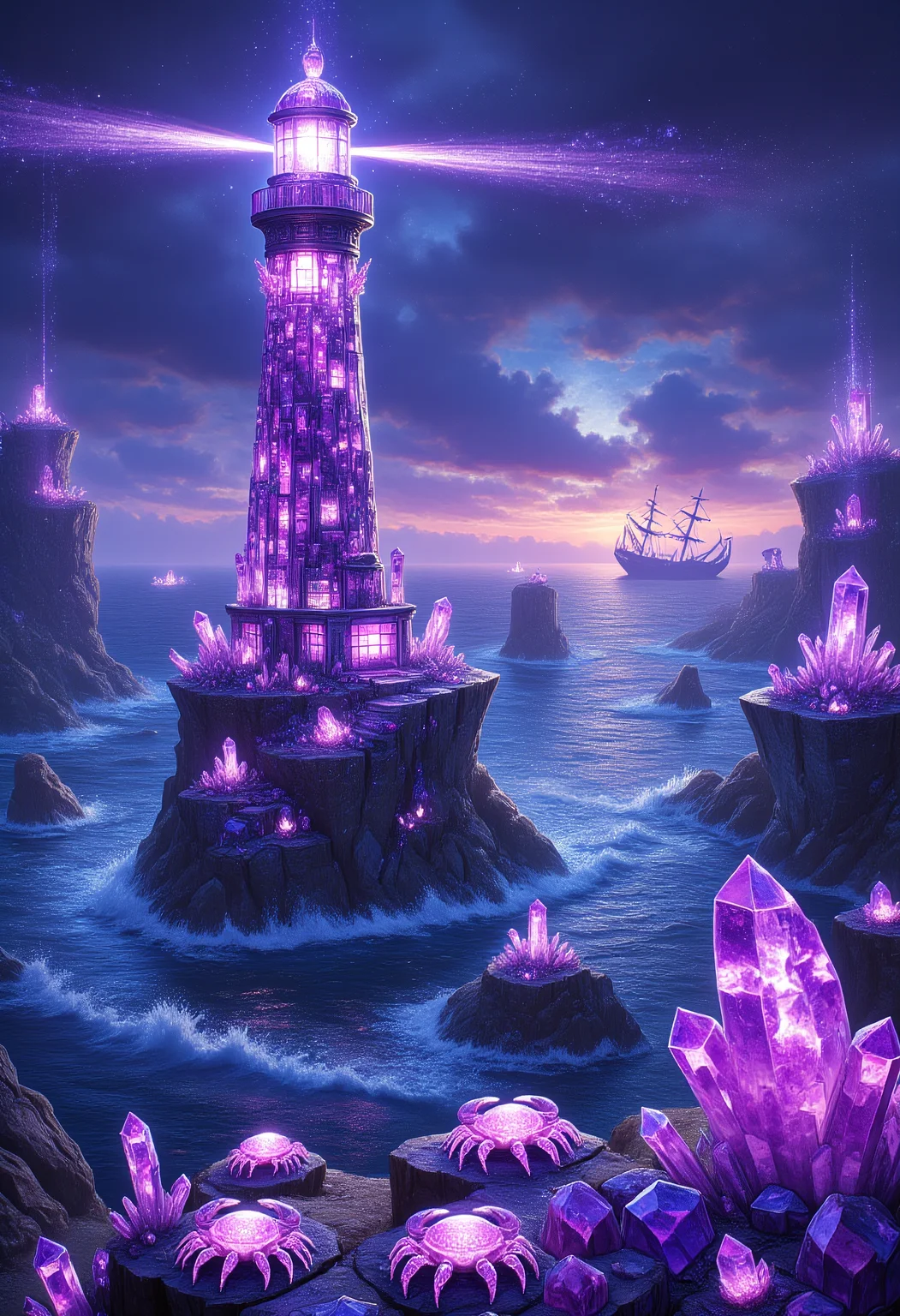 The Amethyst Lighthouse by the Crystal Sea
A towering lighthouse made of sparkling amethyst crystals stands on a jagged coastline. Waves crash against the crystalline rocks below, sending shards of violet light into the air. The lighthouseâs beam is a glowing purple ray that cuts through the dark, cloudy sky, illuminating a crystalline shipwreck in the distance. Tiny, glowing crystal crabs scuttle across the shore, their bodies reflecting the lighthouseâs soft light.