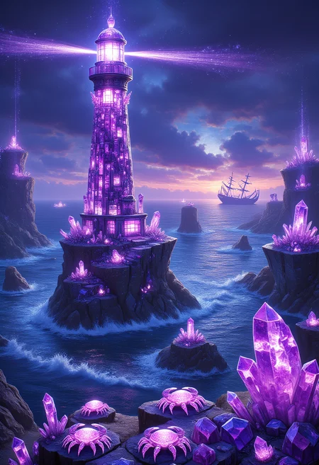 The Amethyst Lighthouse by the Crystal Sea
A towering lighthouse made of sparkling amethyst crystals stands on a jagged coastline. Waves crash against the crystalline rocks below, sending shards of violet light into the air. The lighthouseâs beam is a glowing purple ray that cuts through the dark, cloudy sky, illuminating a crystalline shipwreck in the distance. Tiny, glowing crystal crabs scuttle across the shore, their bodies reflecting the lighthouseâs soft light.