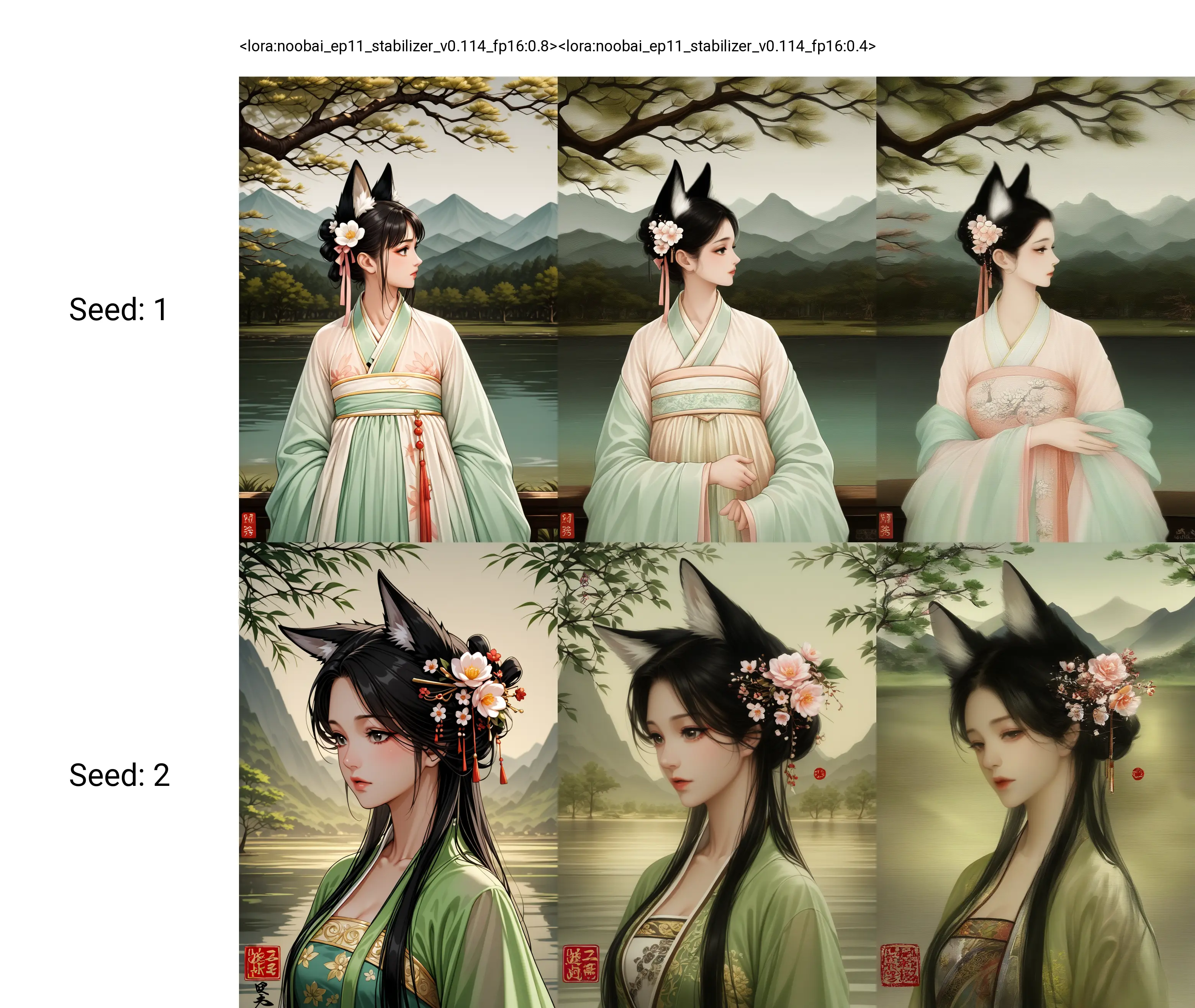 <lora:noobai_ep11_stabilizer_v0.114_fp16:0.8>1girl,fox ears,black hair,hair flower,china dress,hanfu,upper body,lake,tree,mountainous horizon,ink painting,masterpiece,
