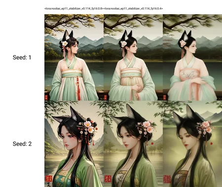 <lora:noobai_ep11_stabilizer_v0.114_fp16:0.8>1girl,fox ears,black hair,hair flower,china dress,hanfu,upper body,lake,tree,mountainous horizon,ink painting,masterpiece,