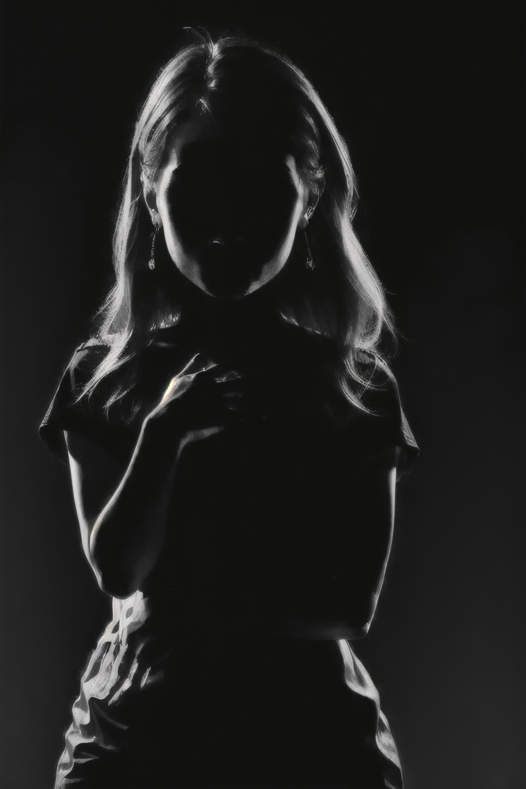 (Realisitc:1.5) (view from front) EdobShadow a woman in the dark, Standing with hands clasped in front of chest, (black background:1.3) <lora:EdobShadow_v1.0:1>