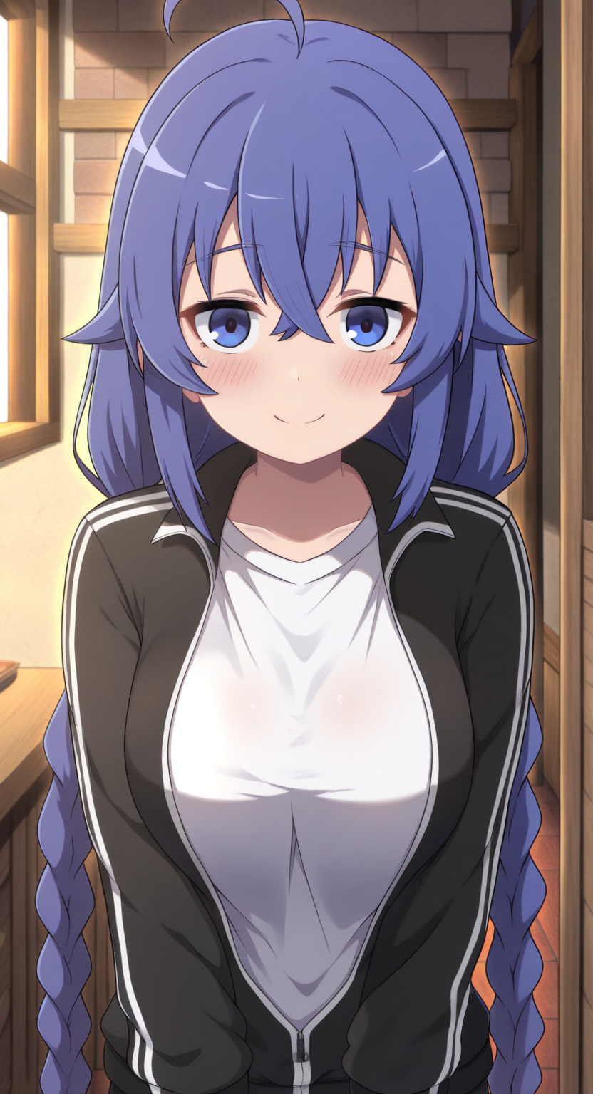 masterpiece, cute, lovely, newest, absurdres, (best quality:1.3), amazing quality, very aesthetic, 1girl, solo, blush, (big breasts:0.7), (Kamuo_Style), high gradient eyes, open eyes, big eyes, roxy migurdia, ahoge, blue eyes, blue hair, braid, hair between eyes, long hair, twin braids, very long hair, flushed, happy, 
track jacket, shirt,looking at viewer, upper body, smile,indoors