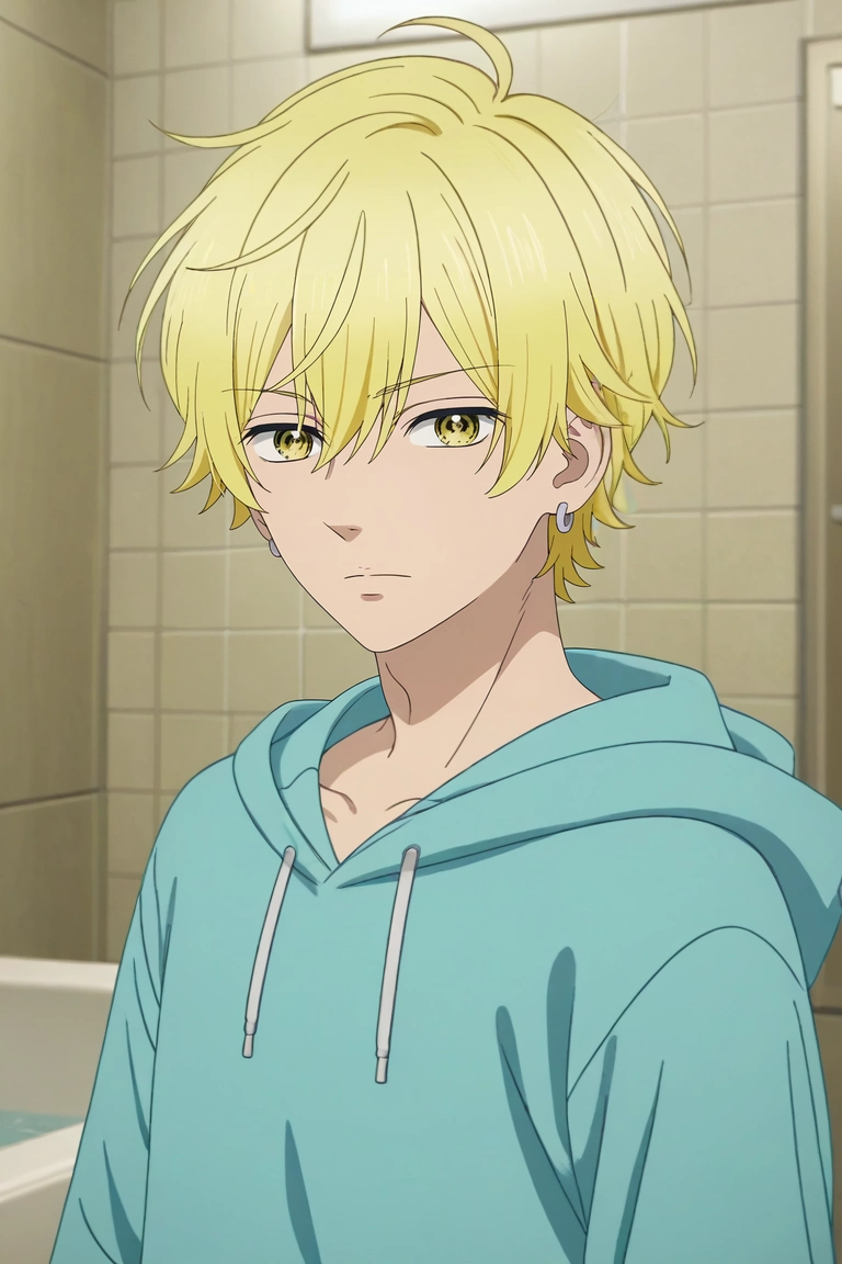 score_9, score_8_up, score_7_up, , rating_safe, , anime screencap, , official style, looking at viewer, 1boy, solo, male focus, <lora:kai_miura_pony:0.98>, kai_miura, blonde hair, yellow eyes, short hair, bangs, hair between eyes, earrings, hood, , panorama, bathroom, midnight, leaning back, :\3, , <lora:sdxl_lightning_8step_lora:1>
