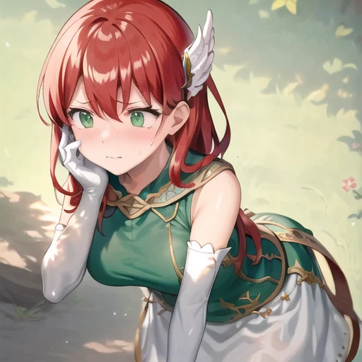 priscilla fe, 1girl, solo, long hair, breasts, blush, bangs, hair ornament, gloves, dress, hair between eyes, closed mouth, outdoors, sleeveless, day, elbow gloves, shiny, white gloves, hand up, sweatdrop, shiny hair, leaning forward, sleeveless dress, embarrassed, from above, looking away, looking down, wavy mouth, sunlight, hand on own face, green dress, shade, hair tucking, wing hair ornament, <lora:Priscilla_FE-15:0.7>