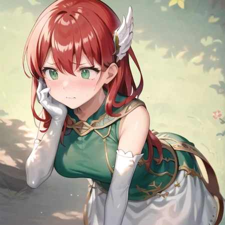 priscilla fe, 1girl, solo, long hair, breasts, blush, bangs, hair ornament, gloves, dress, hair between eyes, closed mouth, outdoors, sleeveless, day, elbow gloves, shiny, white gloves, hand up, sweatdrop, shiny hair, leaning forward, sleeveless dress, embarrassed, from above, looking away, looking down, wavy mouth, sunlight, hand on own face, green dress, shade, hair tucking, wing hair ornament, <lora:Priscilla_FE-15:0.7>