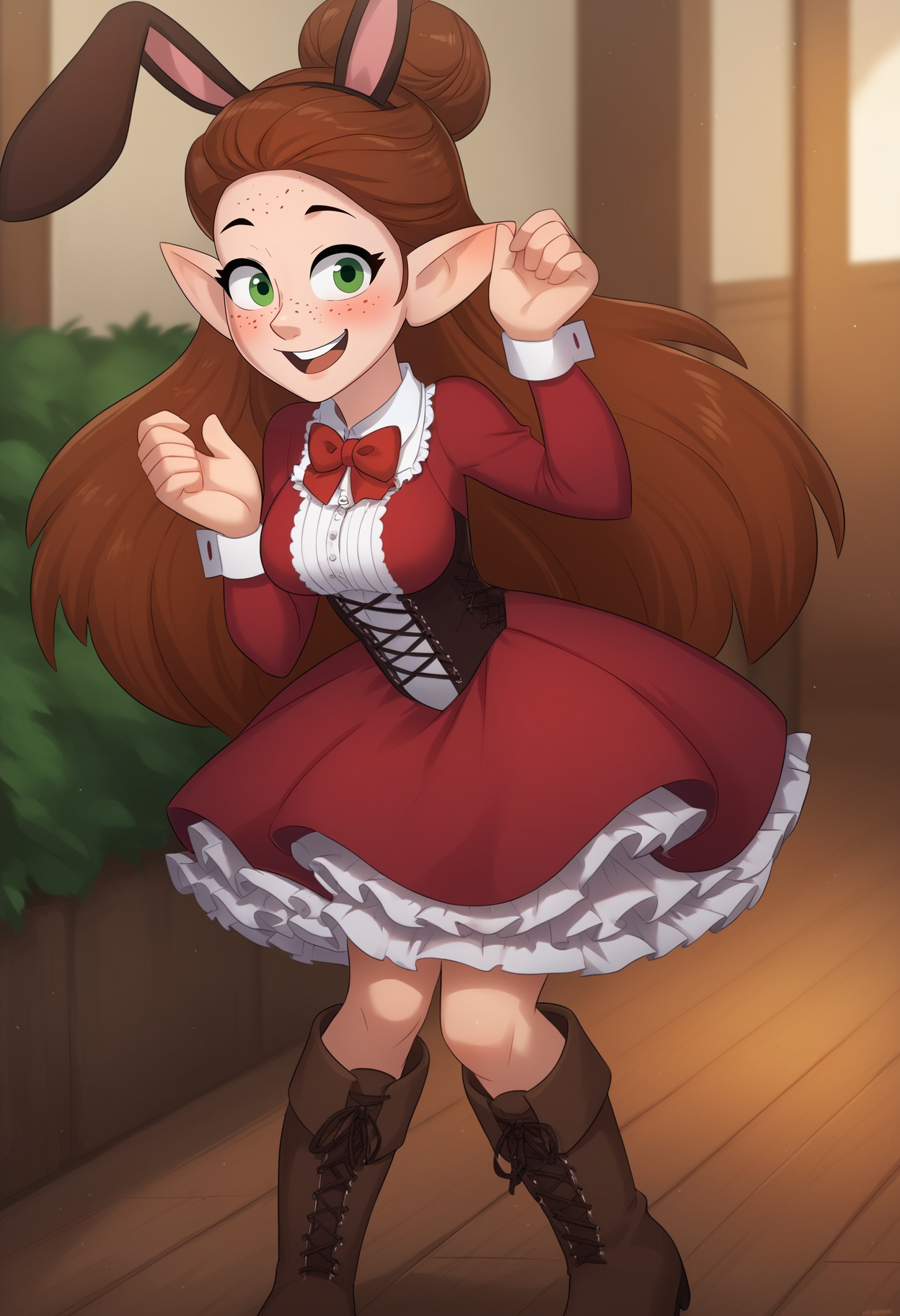 score_9, score_8_up, score_7_up, score_6_up, score_5_up, score_4_up, rating_safe, BREAK
1girl, long hair, bow, solo, dress, green eyes, smile, food, pointy ears, red dress, red bow, looking at viewer, open mouth, brown footwear, tail, very long hair, hand up, indoors, :d, long sleeves, hair bun, teeth, cross-laced clothes, brown hair, boots, freckles, feet out of frame, breasts, white shirt, blush, shirt, standing, day, animal ears, medium breasts
 <lora:cubedcoconutv2-000009:1>