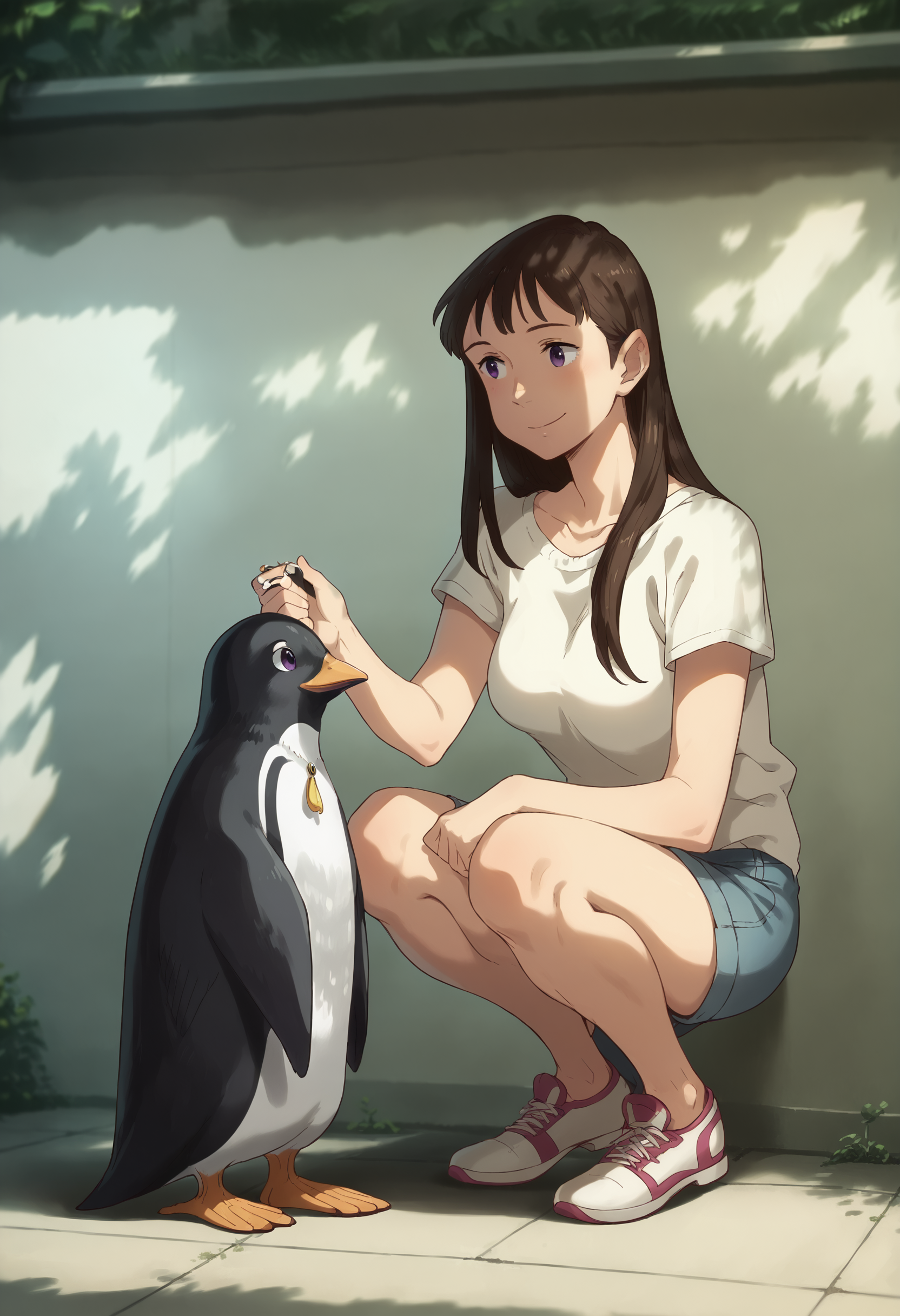 score_9, score_8_up, score_7_up, score_6_up,  cowboy shot,1girl,  squatting ,petting, penguin,  onee_ph,  long hair, brown hair,  purple eyes, smile,  <lora:onee_ph:1> <lora:zy_Detailed_Backgrounds_v1:0.5> depth of field, extremely detailed , detailed background, clutter, outdoors