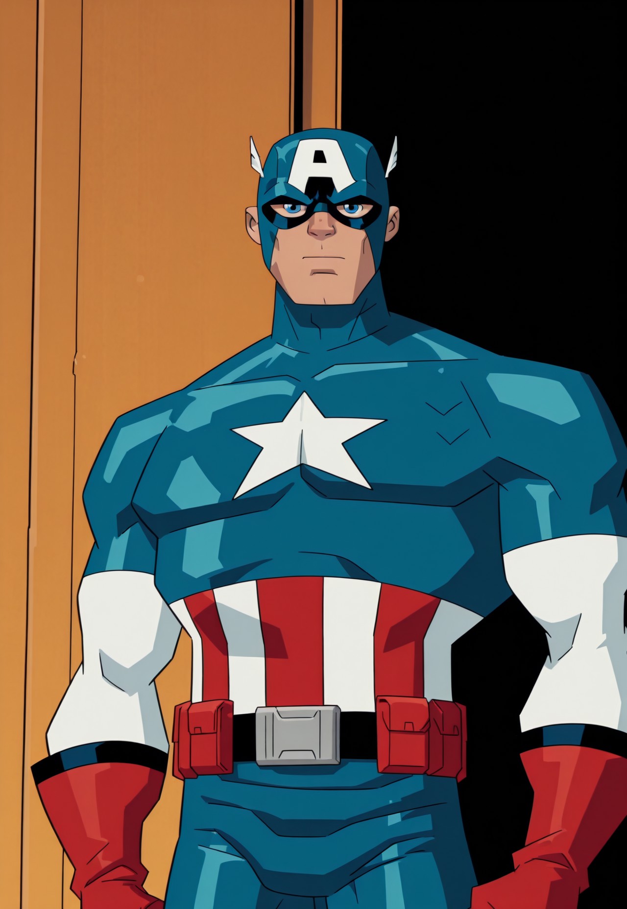 source_anime, flat_color, masterpiece, absurdres, high quality, detailed skin, detailed character design, ultra-high resolution, perfectly composed,  
BREAK
1boy, solo, steve_rogers, blue eyes, mask, bodysuit, logo, red gloves, belt,
BREAK
aGFp, no lineart, anime coloring, flat color