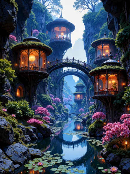 wonderful and mesmerizing scenery on a distant world, very aesthetic, extremely detailed and realistic, professional artwork, 8k, 4k, ultra-high-resolution, fantasy style scenery with art nouveau and elven influences, a tranquil, narrow canyon at twilight, where the last traces of sunlight are fading behind the towering cliffs, casting soft lavender and deep blue shadows across the scene, bioluminescent plants flicker gently among moss-covered rocks, while elegant arched structures with moss-topped roofs glow warmly with amber and golden lights, masterfully crafted and intricate, symmetrical bridges connect the pavilions suspended above the water, the river reflects the darkening sky, now tinged with shades of indigo blue and purple, and mirrors the scattered lights from the buildings, lily pads float across the surface in loose clusters, while richly colored shrubs in pink, crimson, and orange add vivid warmth to the otherwise cool palette, the camera is positioned just above the river level, with a slight upward angle, creating an immersive perspective that draws the eye toward the soft vanishing point beyond the bridges and deeper into the canyon, rembrandt style lighting enhances contrast between the darkening landscape and the glowing interiors, the interplay of warm artificial lights and cool ambient tones creates a painterly, cinematic tension, soft mist begins to settle in the canyon, diffusing the light from lanterns and casting ghostly reflections on the water, shot on 65mm film with a fine-grain emulsion and soft bloom filter, emphasizing contrast between artificial and natural light, twilight hues rendered with rich saturation and delicate tonal transitions, ovg, artilands02, <lora:style-fantastic_landscapes-v2-flux-by_artifyai:0.8>