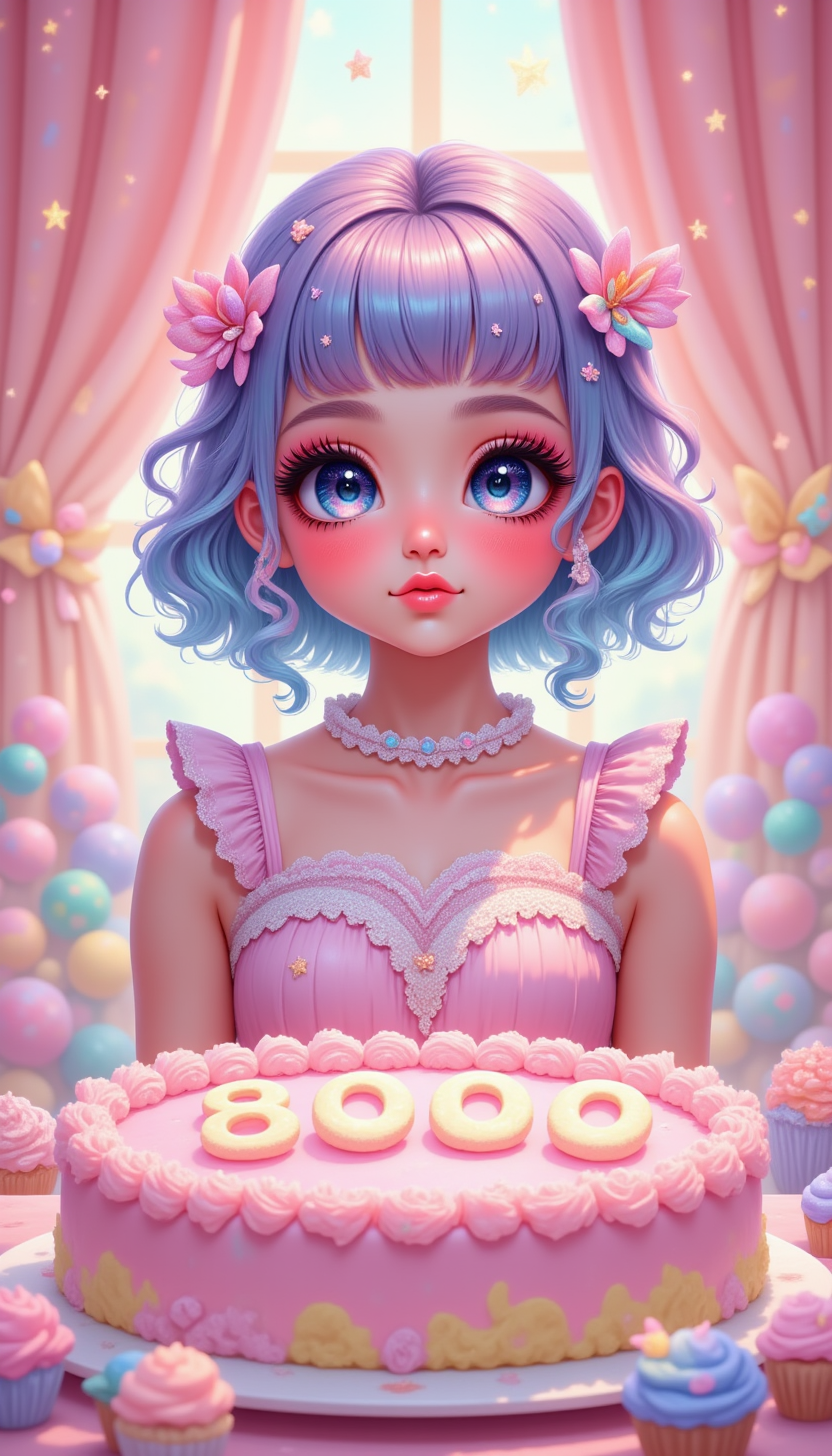 pinkkawaiidreams,
Kawaii Cake Party - A cute girl sitting at a pastel tea party with an oversized cake that has "8000" written in frosting.